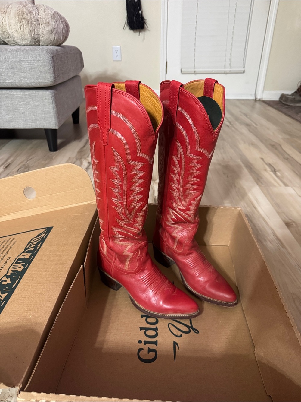 Tecovas Red Leather Western Cowgirl Boots with Cream Stitching